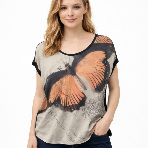 Edista Tops - Butterfly Print Women's Shirt - Black and Orange Cap Sleeve Y2K Size XL